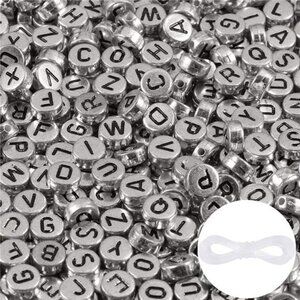 1000pcs Silver Letter Beads for Bracelets 4x7mm Black Alphabet A-Z Beads